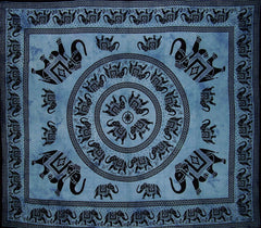 Colcha de algodão mandala elefante tapeçaria 98" x 84" totalmente azul