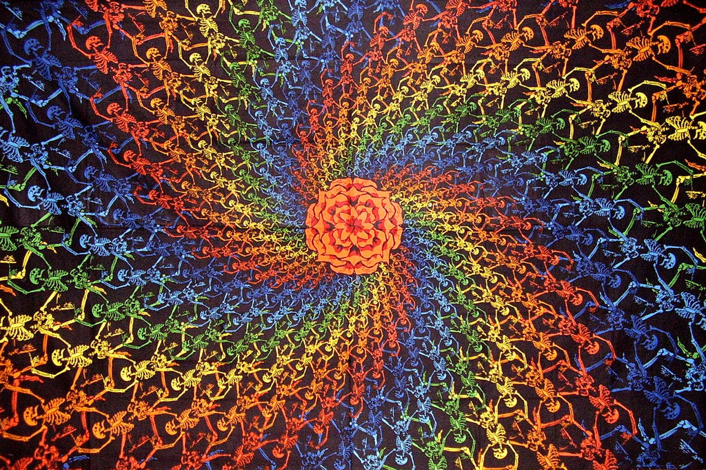 Psychedelic 3-D Spiral Skeletons Cotton Wall Hanging 90" x 60" Multi Color