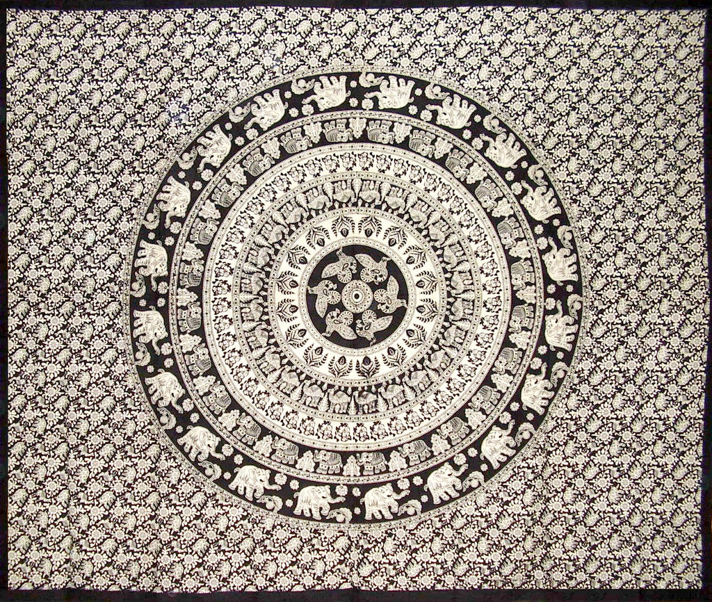 Mandala Elephant Tapestry Cotton Bedspread 98" x 84" Full White