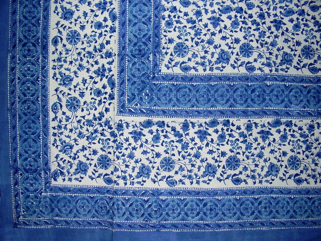 Rajasthan-Tagesdecke mit Blockdruck, Gobelin-Baumwolle, 264,2 x 264,8 cm, Queen-Blue