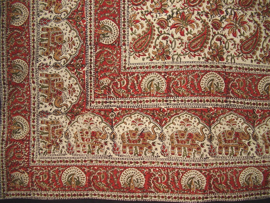 Indyjski gobelin z nadrukiem blokowym, bawełniany, rozłożony 106 x 72 cali, podwójny, wielokolorowy