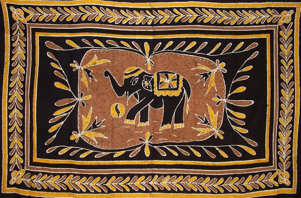 Lucky Batik Look Elephant Tapestry Cotton Spread 104" x 70" Twin Brown