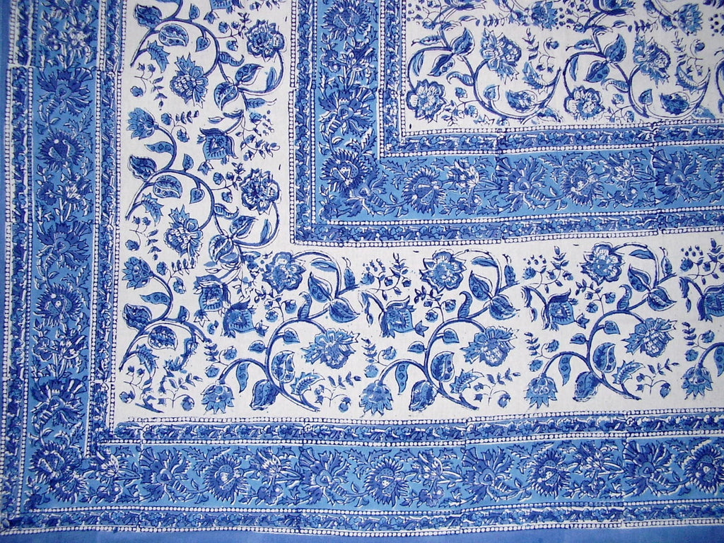 Rajasthan Block Print Tapestry Cotton Bedspread 106" x 106" Queen Blue