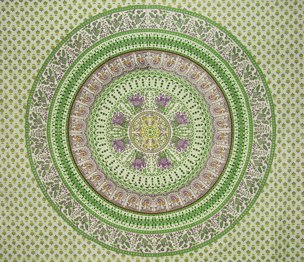 Mandala Indian Tapestry Cotton Bedspread 96" x 86" Full Green