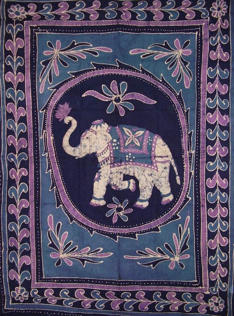 Lucky Batik Elephant Tapestry Cotton Spread  102" x 70" Twin Blue