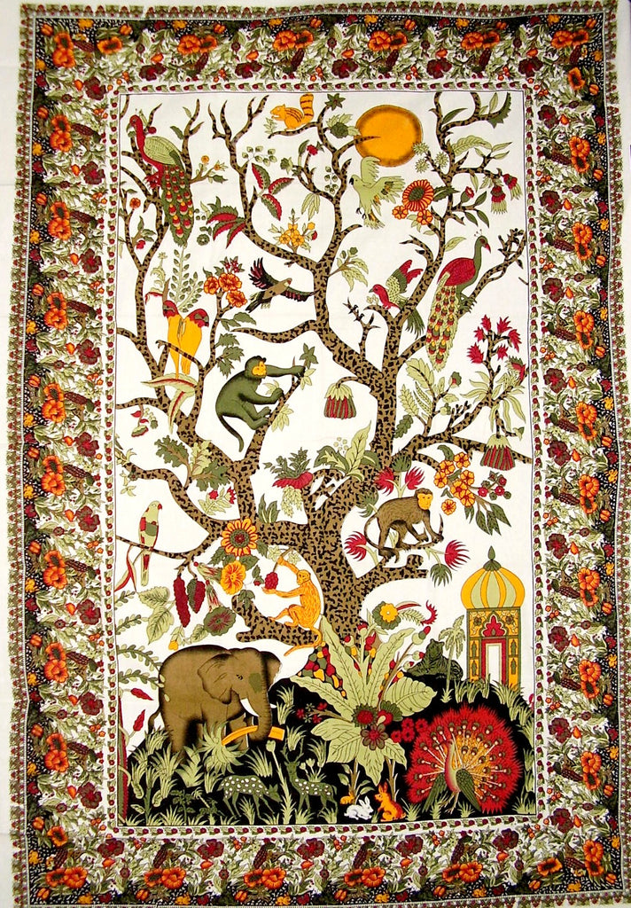 Tree of Life Tapestry Cotton Wall Hanging or Spread 102" x 70" Twin White