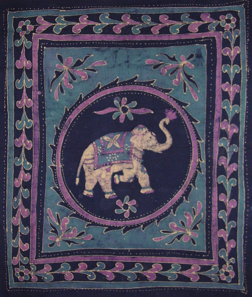 Lucky Batik Elephant Tapestry Couvre-lit en coton 108" x 88" Full-Queen Bleu