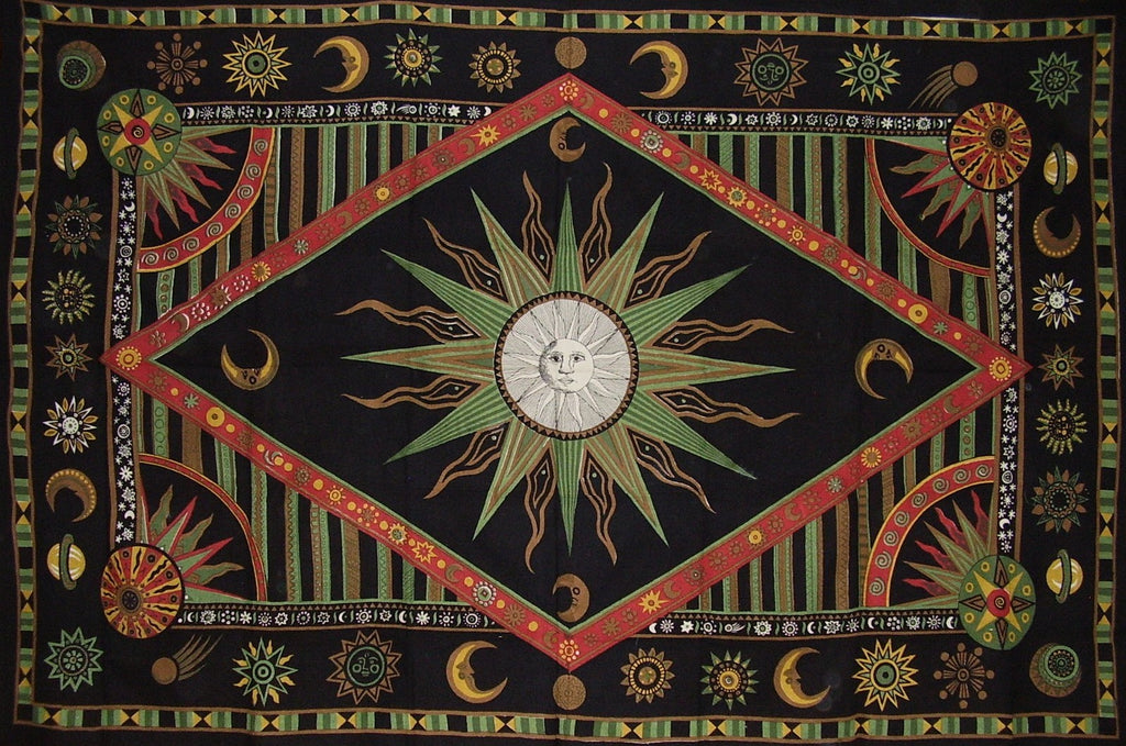 Celestial Print Tapestry Wall Hang or Spread 102 x 70 Green Twin