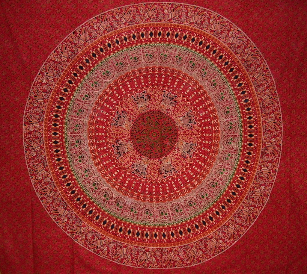 Indian Mandala Print Tapestry Cotton Bedspread 92" x 82" Full Red