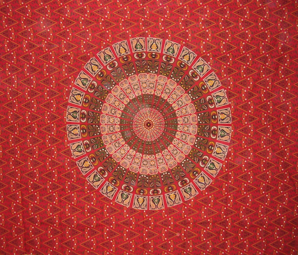 Indian Mandala Print Tapestry Cotton Bedspread 92" x 82" Full Red