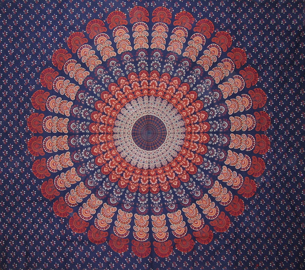 Sanganeer Mandala Print Tapestry Cotton Sengeteppe 92" x 82" Full Blue
