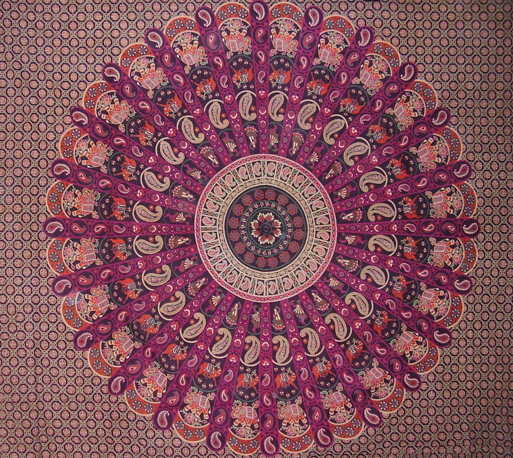 مفرش سرير قطني منسوج بطباعة ماندالا هندية مقاس 92 بوصة × 82 بوصة باذنجاني كامل
