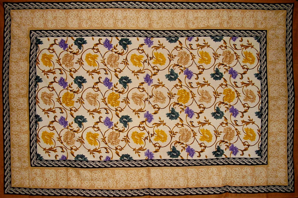 Mediterranean Floral Tapestry Cotton Bedspread 104" x 70" Twin Tan