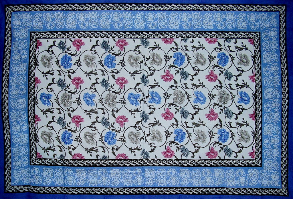 ผ้าคลุมเตียงผ้าฝ้ายลายดอกไม้เมดิเตอร์เรเนียน 104" x 70" Twin Blue