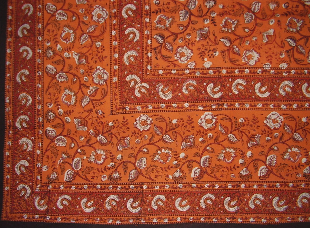 Earth Dabu Block Print Indian Tapestry Cotton Bedspread 106" x 88" Full Orange