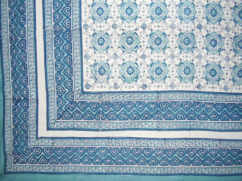 Tile Block Print Tapestry Cotton Spread 106" x 70" Twin Blue