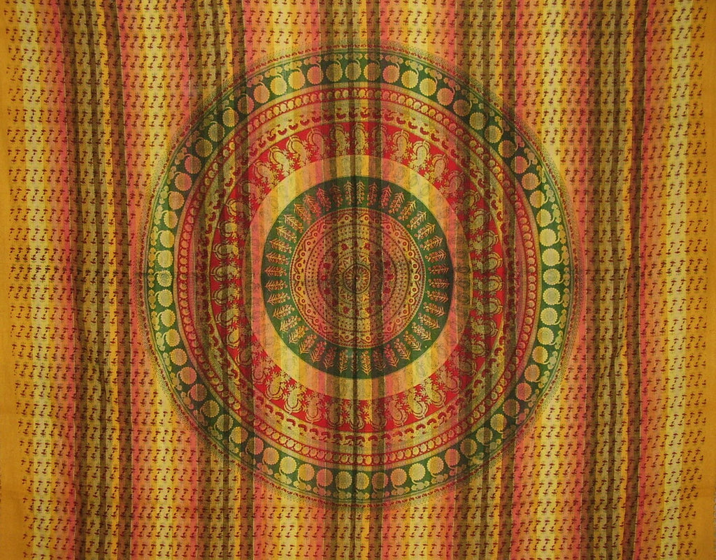 Block Print Mandala Tapestry Cotton Bedspread 106" x 88" Full Yellow