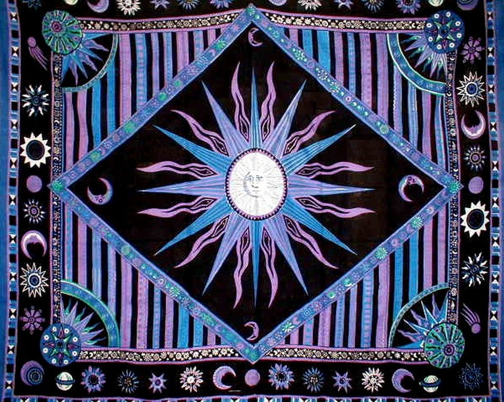 Celestial Tapestry Cotton Bedspread 106" x 86" Full-Queen Purple