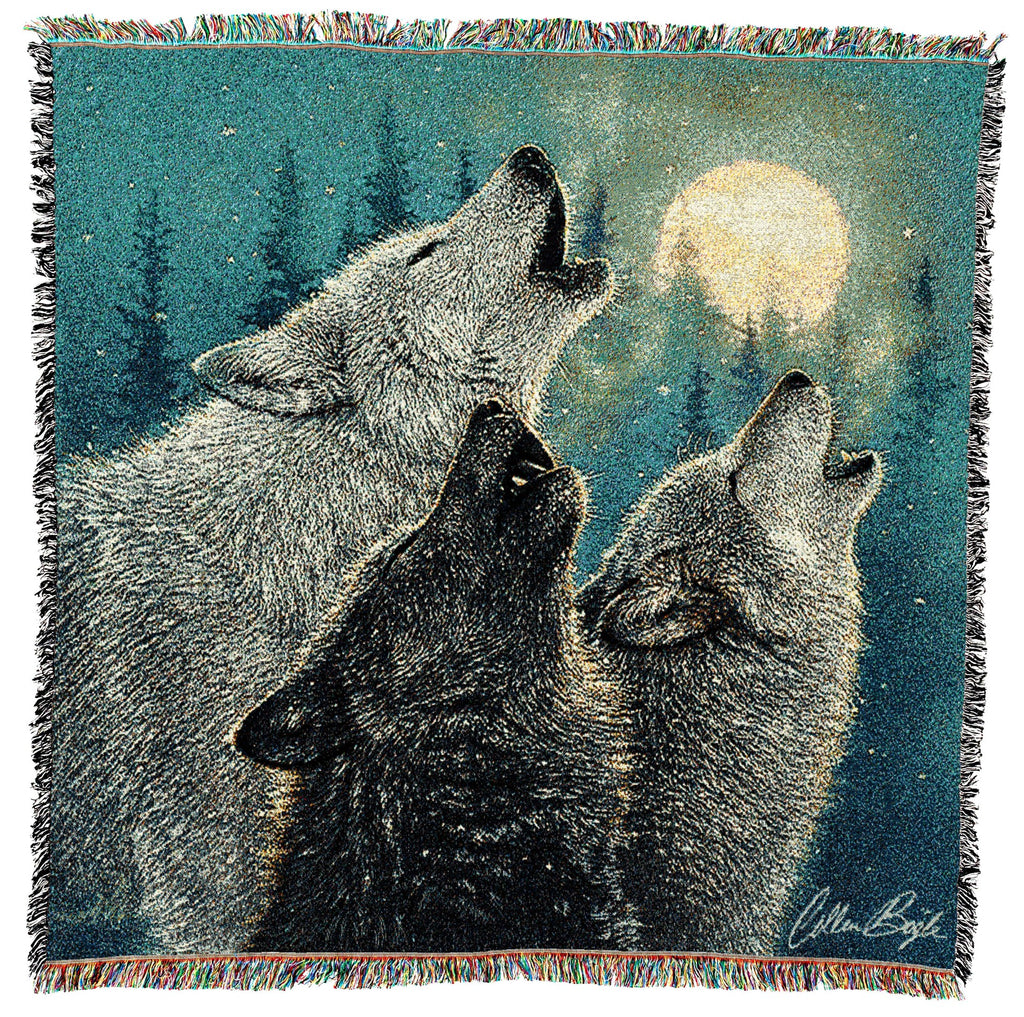 In Harmony Wölfe heulen den Mond an – Collin Bogle – Überwurf aus Baumwolle, quadratisch, gewebt, hergestellt in den USA, 137,2 x 137,2 cm