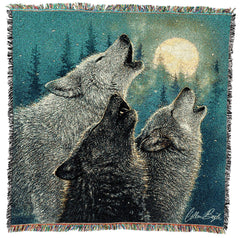 和谐狼对月嚎叫 - Collin Bogle - 方形棉质编织毛毯 - 美国制造 54 英寸 x 54 英寸