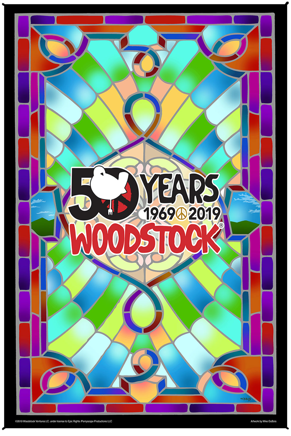 ウッドストック ステンドグラス 50周年記念 頭がくらくらするアートプリントタペストリー 53インチ x 85インチ 無料の3-Dメガネ付き 