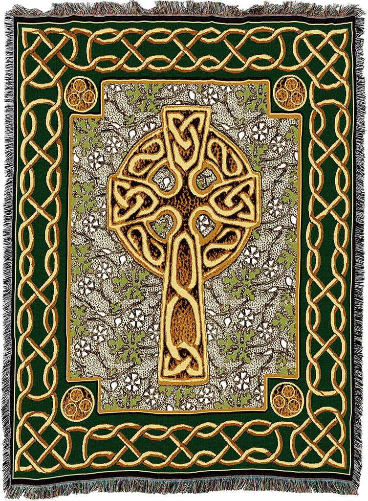 Celtic Cross Woven Tapestry Throw Blanket with Fringe Cotton USA 72x54