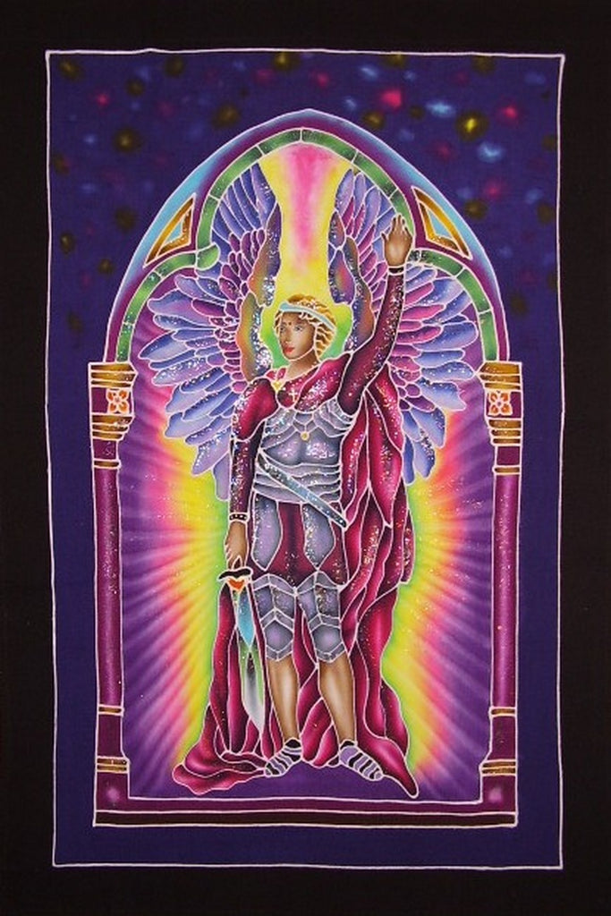 Aito batiikkitekstiilitaide St. Michael 25" x 37" monivärinen