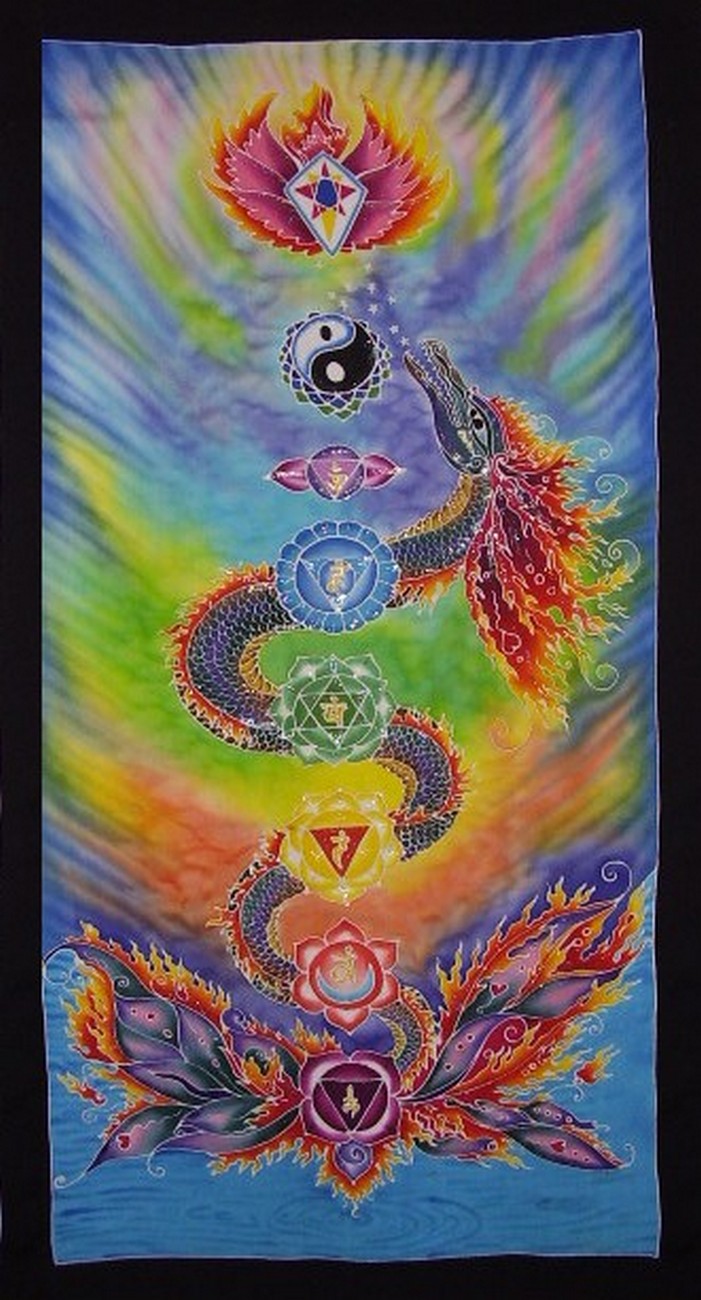 Auténtico Batik Textil Arte Chakra Dragón 52" x 28" Multicolor