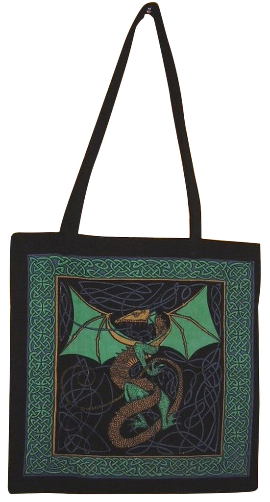 Celtic Dragon Tote Bag Cotton Flat Bottom 16 x 17 Green