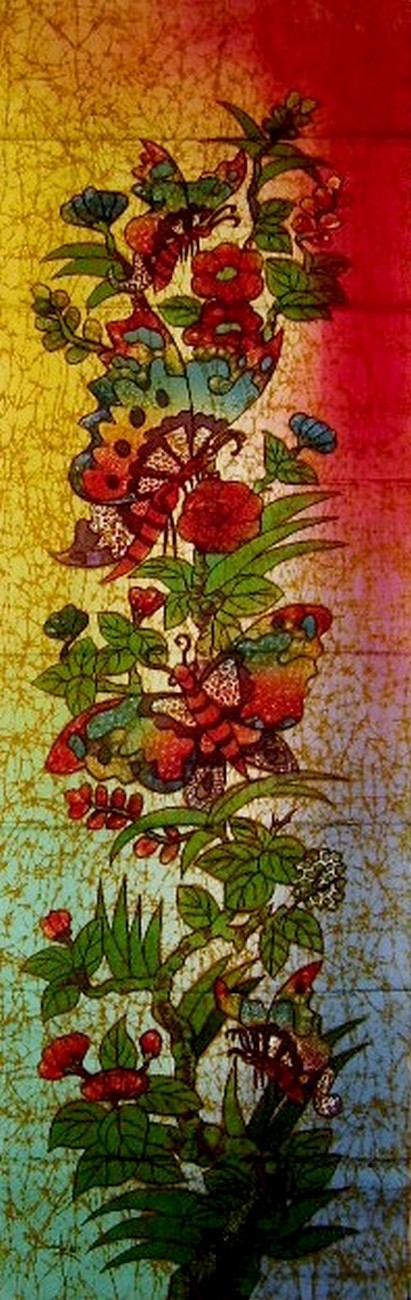 Autentiske bomullsbatikk tekstilkunstsommerfugler i blomst 56" x 18" multifarge 