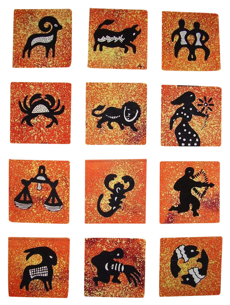 Autentisk bomuldsbatik tekstilkunstpakke Astrologisk stjernetegn 5" x 5" orange 