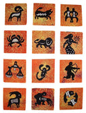 Eredeti pamut batikolt textil művészeti csomag asztrológiai állatöv 5" x 5" narancs 
