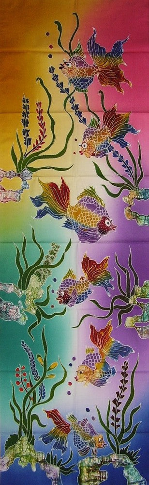 Eredeti pamut batikolt textil művészet trópusi hal 56" x 18" többszínű 