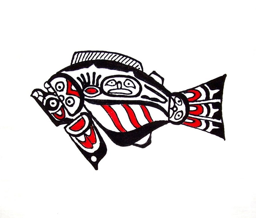 Ručně malované textilní umění NW Americký indický halibut 9" x 9" bílá 