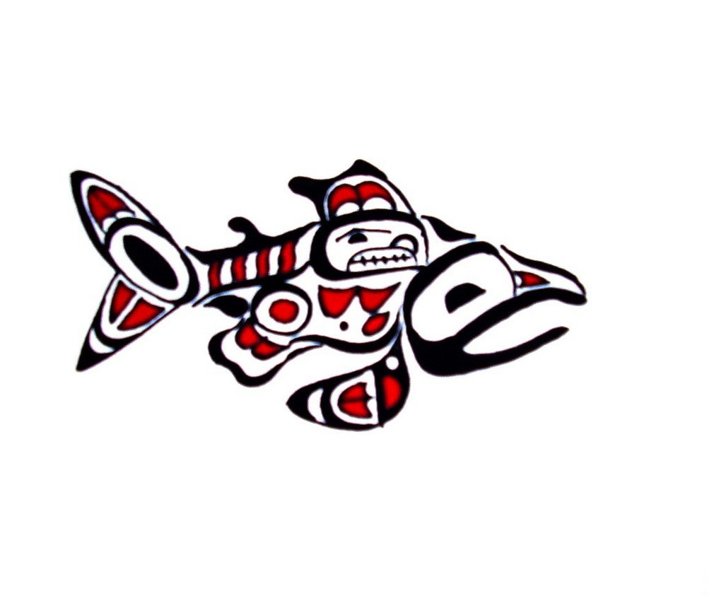 Handbemalte Textilkunst NW American Indian Salmon 9" x 9" Weiß