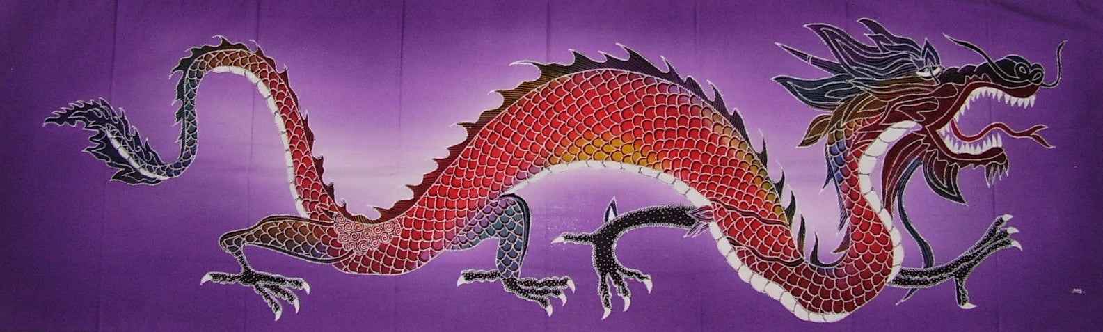Autentisk bomullsbatikk tekstilkunst Lilla Galeru Dragon 56" x 18" multifarge 