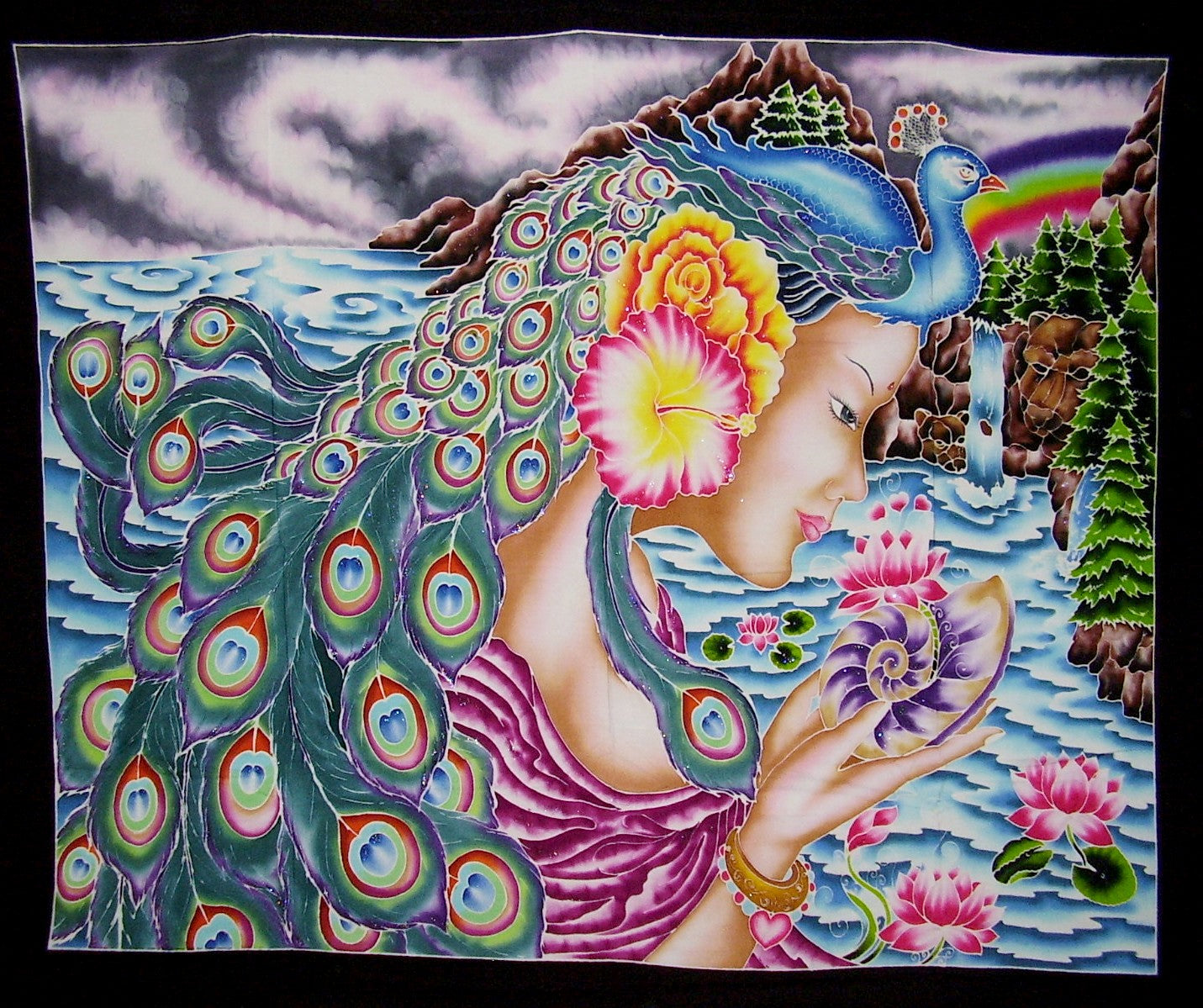 Autentisk Batik Textile Art Peacock Goddess 42" x 36" Multi Color