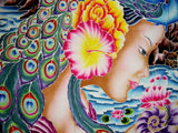 Autentisk Batik Textile Art Peacock Goddess 42" x 36" Multi Color