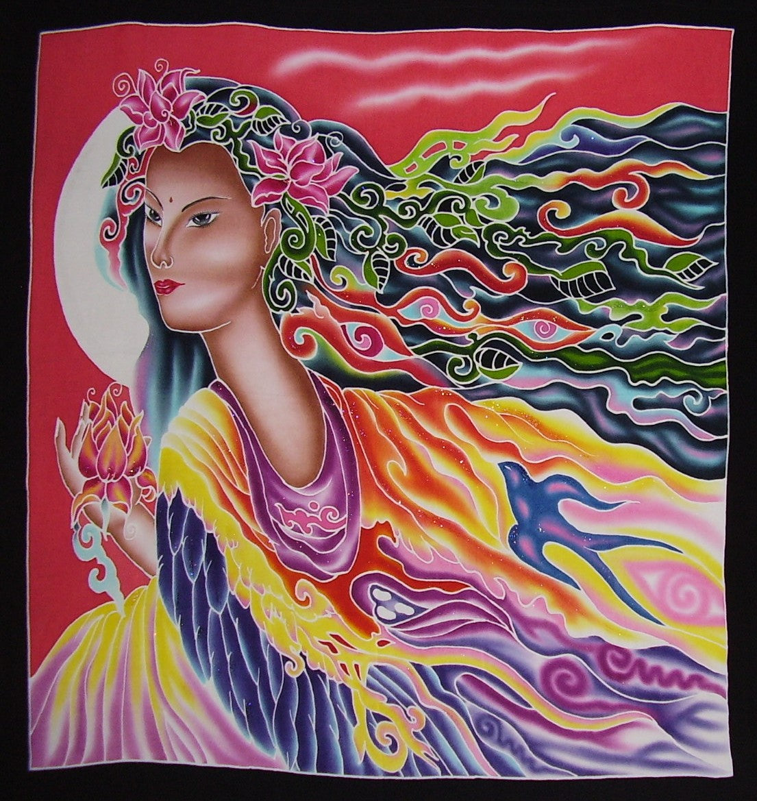 Aito Batik Textile Art Lotus Goddess 40" x 38" Monivärinen 