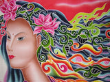 Autentiška batikos tekstilės meno lotoso deivė 40" x 38" kelių spalvų 