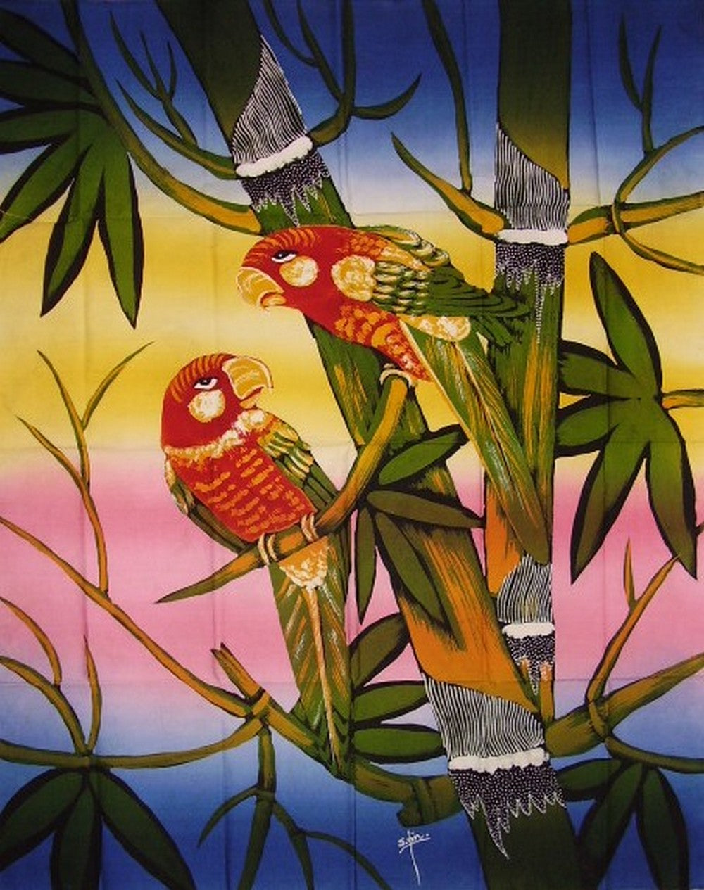 Auténtico algodón Batik Textil Art Parrot Pals 28" x 36" Multicolor 