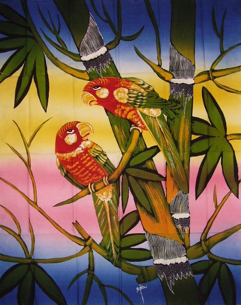 Aitoa puuvillaa batikkia tekstiilitaidetta Parrot Pals 28" x 36" monivärinen