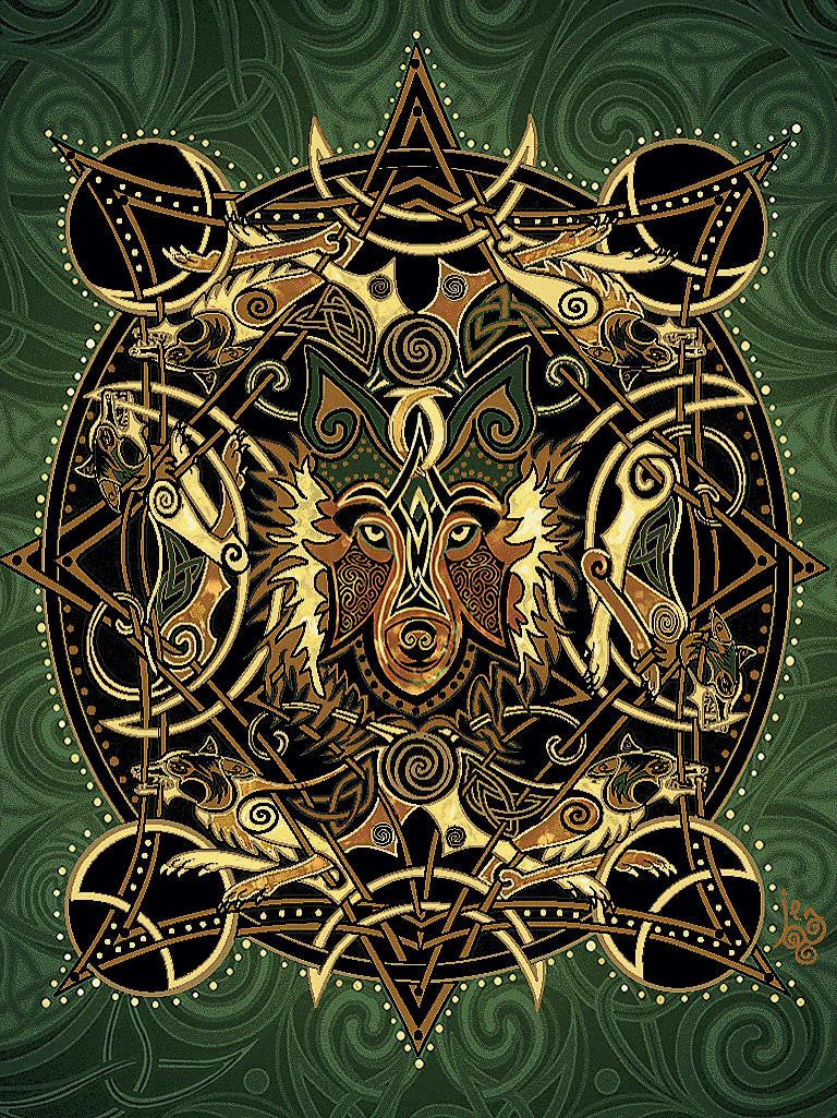 Wolf Moon – Celtic – Jen Delyth – austa gobeleno antklodė su kutais medvilnės JAV 72x54