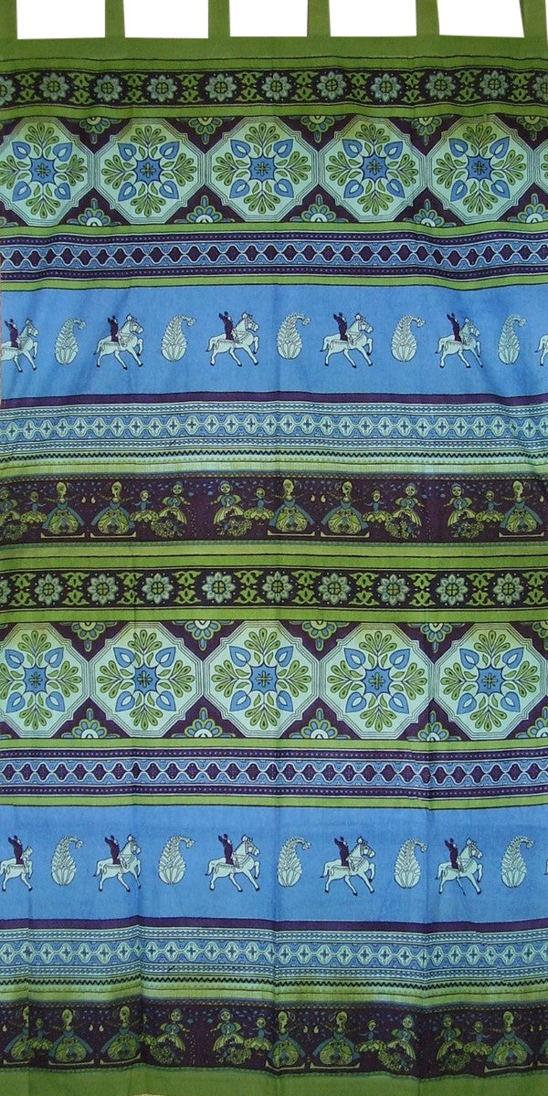 Tenda con linguetta e stampa indiana, pannello drappeggio in cotone, 44 x 88, blu verde