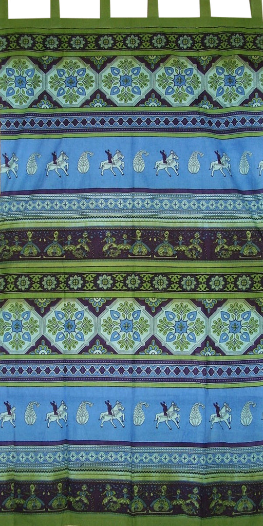 Indian Print Tab Top Curtain Drape Panel Cotton 44" x 88" Blue Green