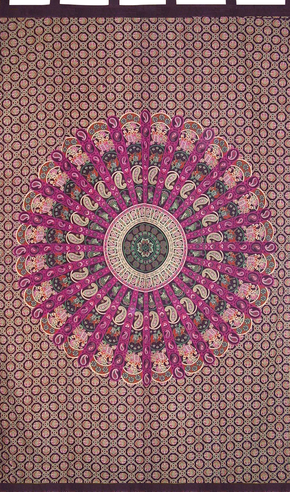 Tenda superiore con linguetta Mandala, pannello drappeggiato in cotone 50 x 90 pollici melanzana
