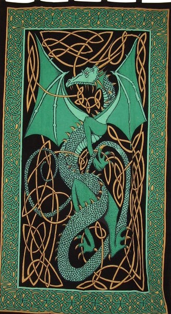 แผงผ้าม่าน Celtic Dragon Tab Top ผ้าฝ้าย 44" x 88" สีเขียว
