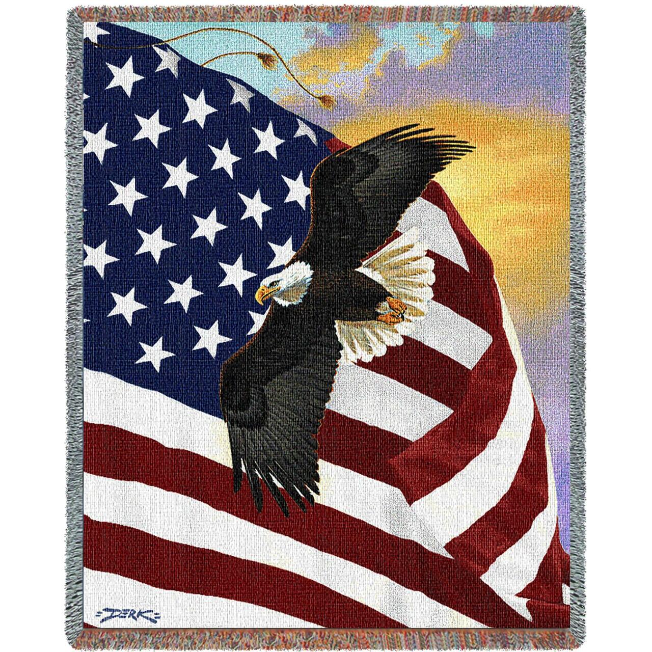 United States American Flag With Eagle - Majestic - Derk Hanson - Woven Tapestry Throw Blanket with Fringe Cotton USA 72x54