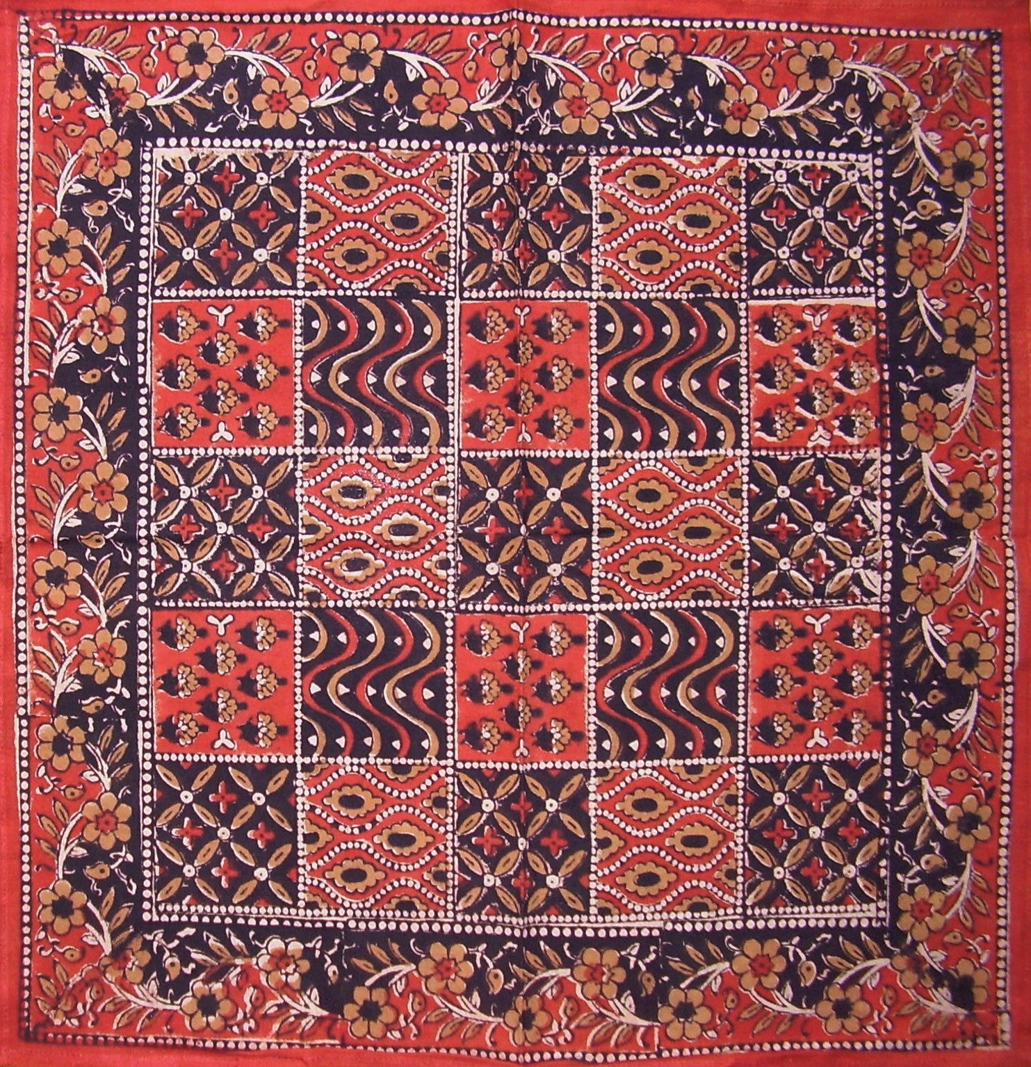Kalamkari Blockdruck-Tischserviette aus Baumwolle, 50,8 x 50,8 cm, Rot 