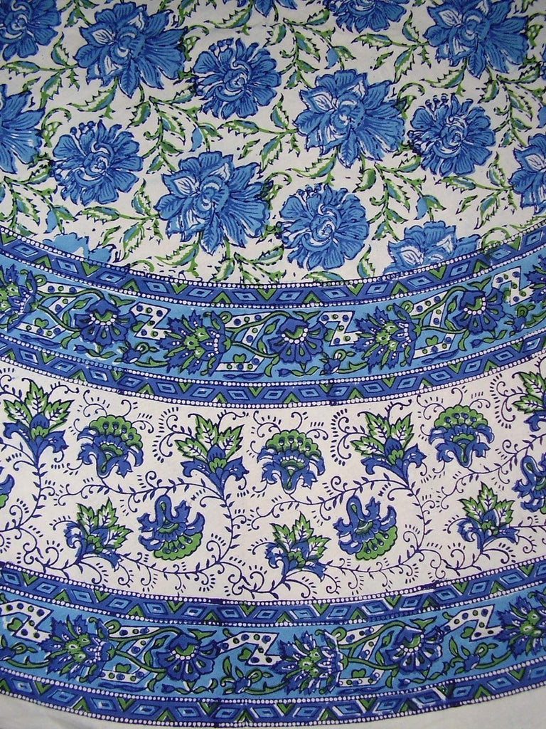 Tovaglia rotonda in cotone floreale con stampa a blocchi di fiori di loto 72" blu